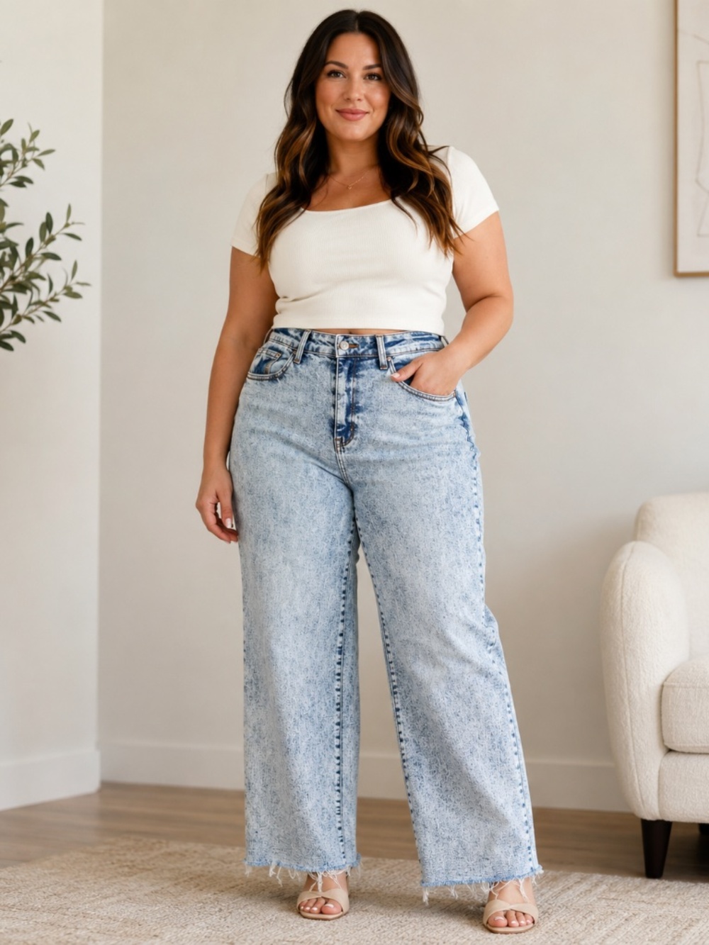 Judy Blue Brink High Rise Acid Wash Wide Leg Jeans 14W Raw Hem Stretch Denim